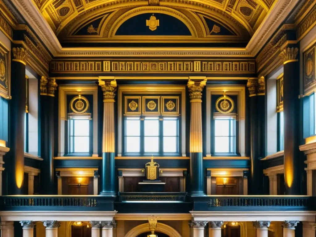 Detalle majestuoso de la fachada del Freemasons' Hall en Londres, con influencia de los Illuminati en la historia