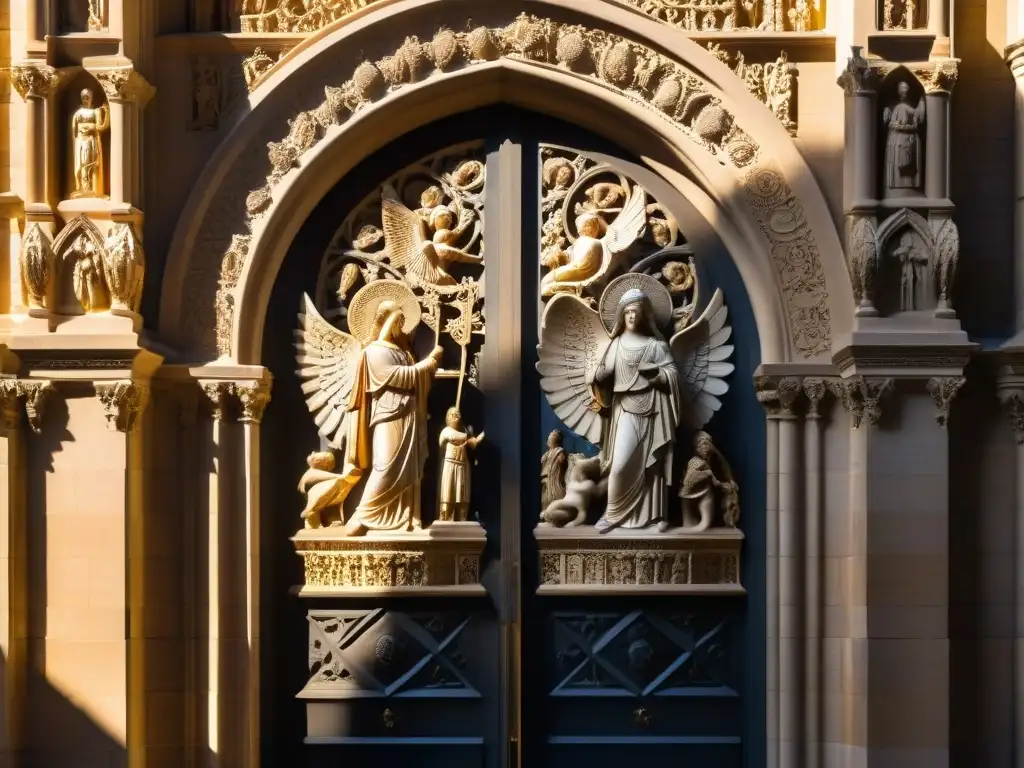 Detalle majestuoso de símbolos trascendencia arquitectura sagrada en la entrada de catedral