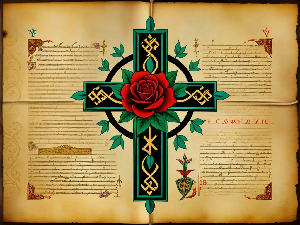 Detalle de manuscrito antiguo con emblemas Rosacruces