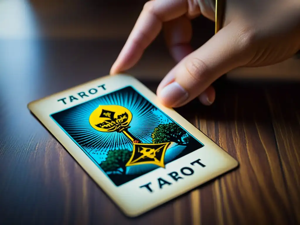 Detalle Tarot: carta sobre mesa de madera, simbolismo y misticismo