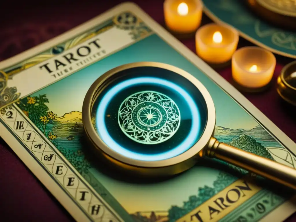 Detalle meticuloso de tarot vintage bajo lupa para verificar autenticidad colecciones esotéricas