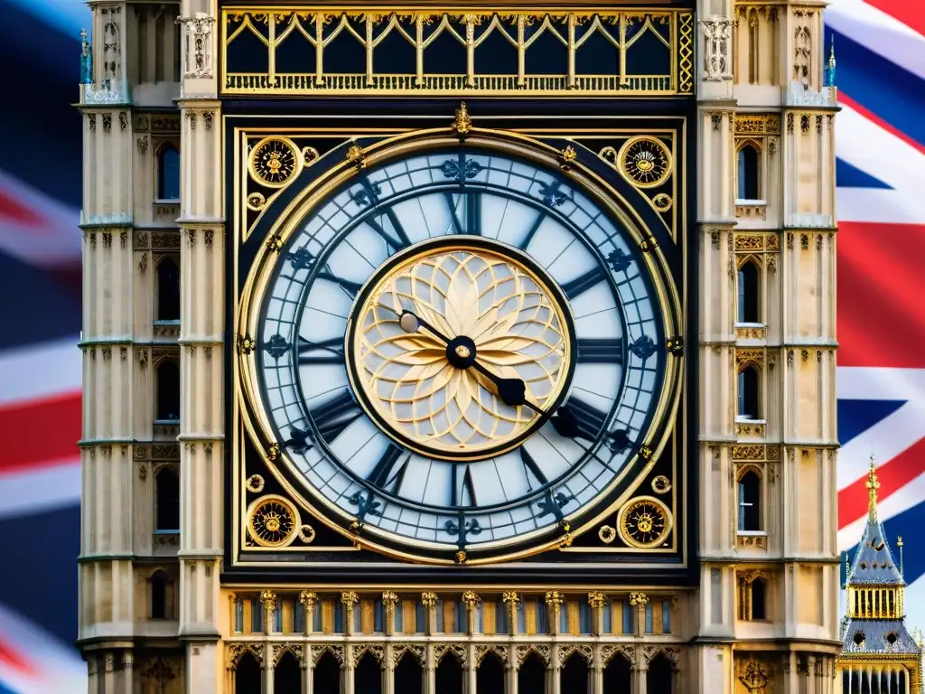 Detalle minucioso de la arquitectura del Big Ben resaltando el simbolismo oculto en Londres