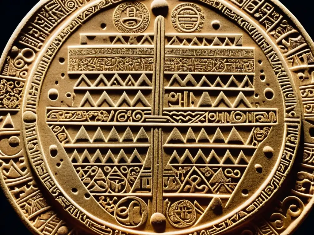 Símbolos enigmáticos del Disco de Festo: detalle ultradetallado Detalle minucioso del Disco de Phaistos, revelando la complejidad de los símbolos inscritos en el antiguo artefacto