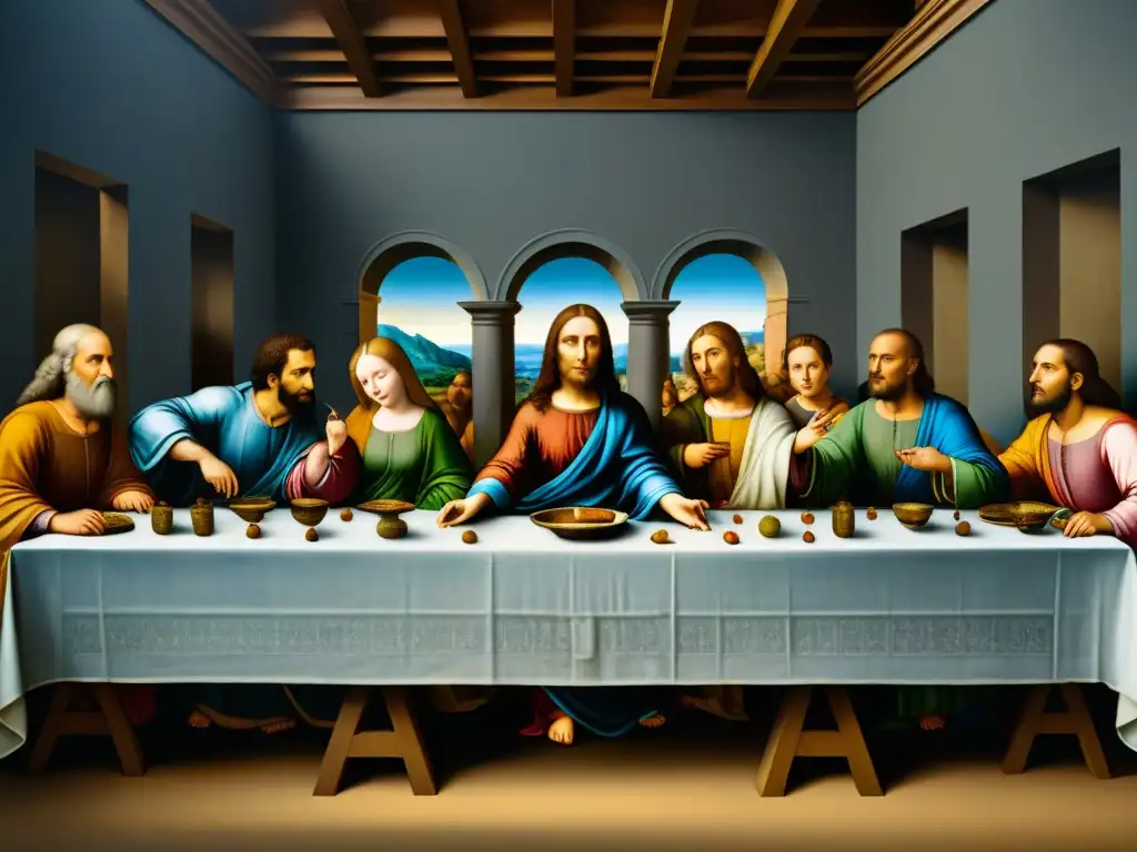 Detalle minucioso de 'La Última Cena' de Leonardo da Vinci, revelando sus secretos y sociedades