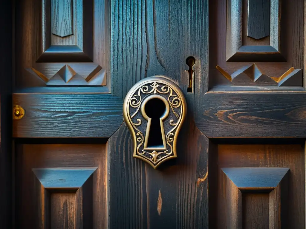 Detalle misterioso de un antiguo ojo de cerradura en una puerta de madera oscura, evocando sociedades secretas y exclusividad psicológica