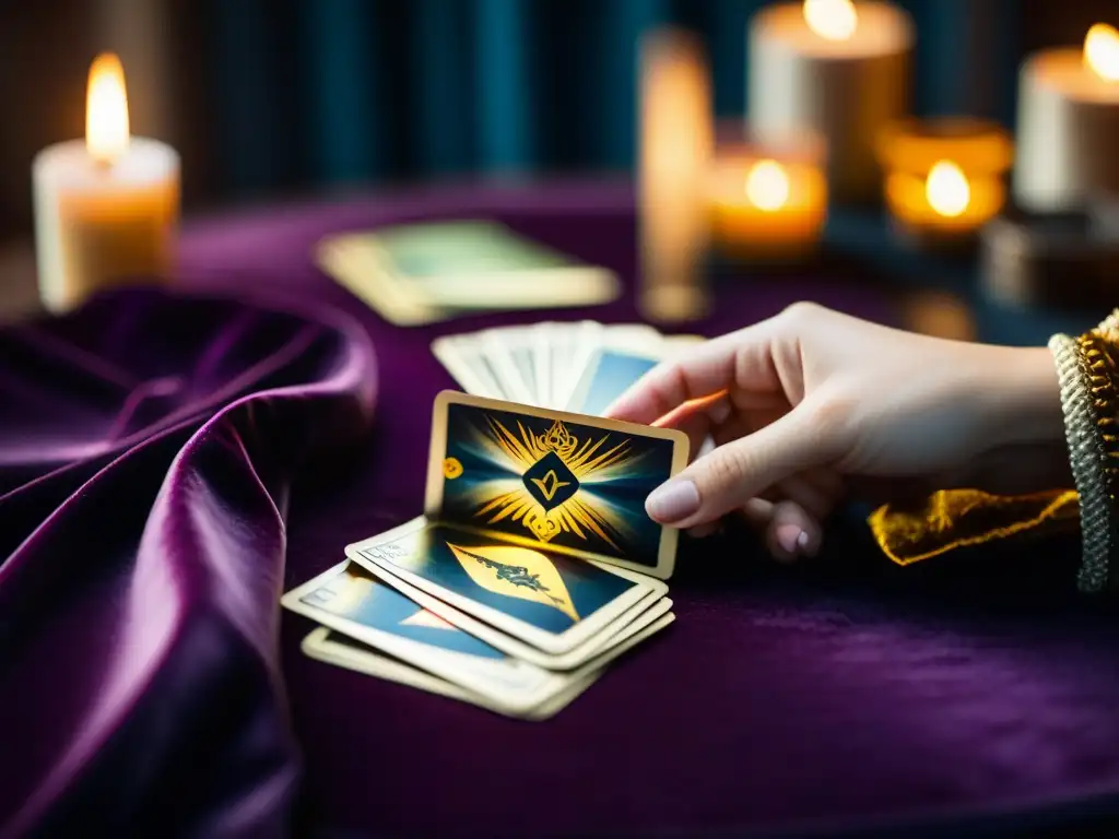 Detalle místico de lectura de tarot: mano descubre carta de Los Enamorados en mazo sobre paño de terciopelo