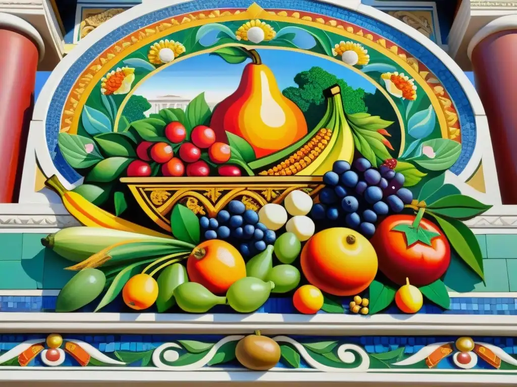 Detalle de mosaico con cornucopia rebosante de cosecha, rodeada de frutas, verduras y flores en un templo antiguo decorado