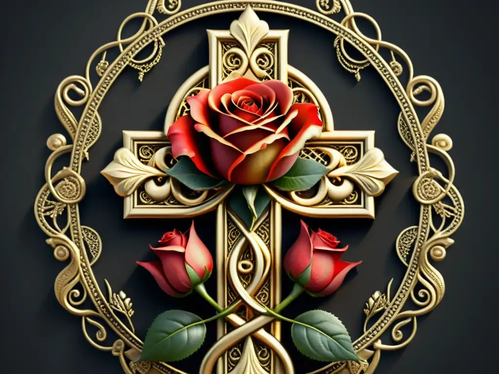 Detalle en oro de una cruz entrelazada con una rosa roja, simbolizando los emblemas sagrados del Rosacrucianismo