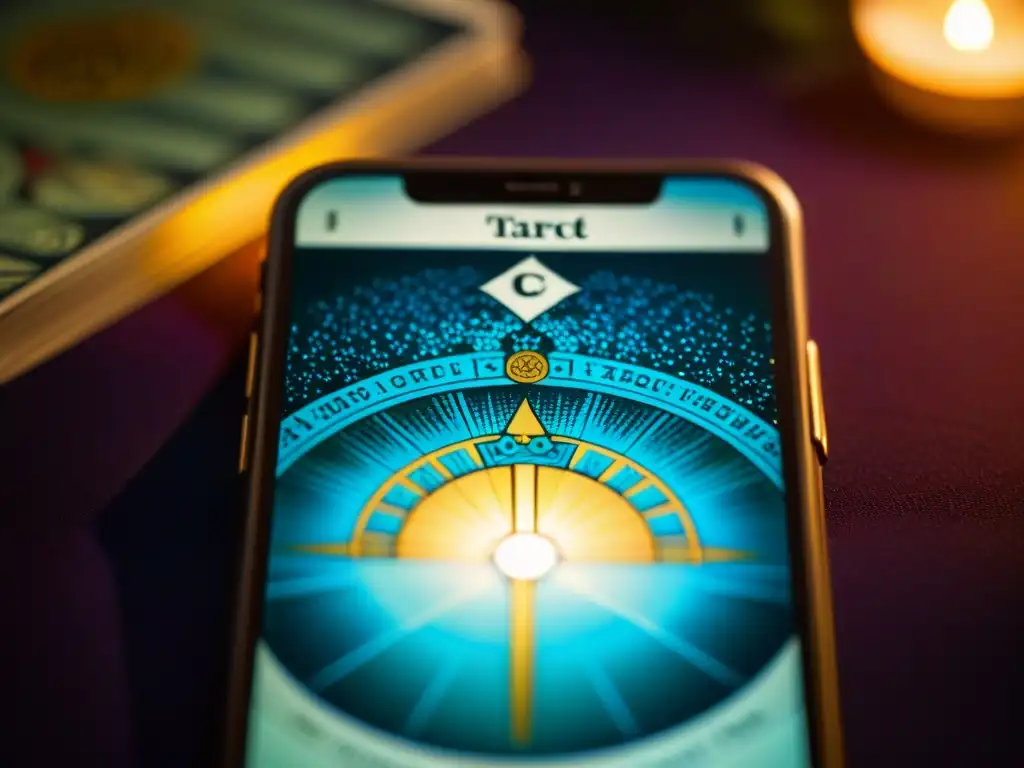 Detalle de pantalla de smartphone con Tarot iluminado en ambiente místico