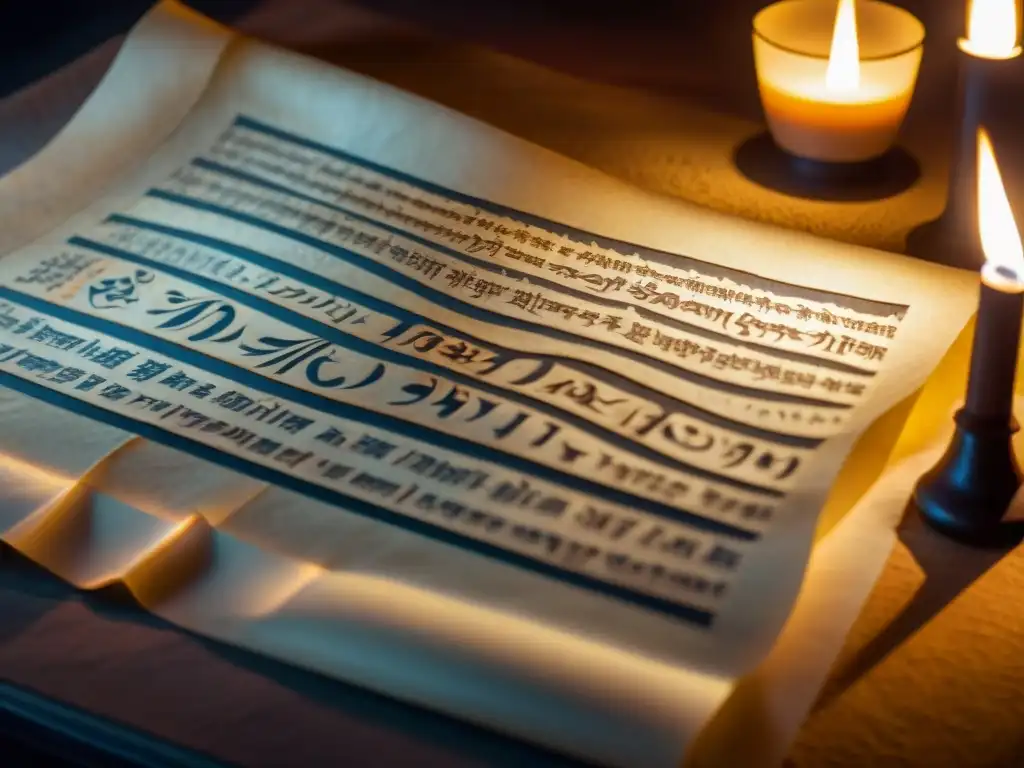 Detalle de pergamino antiguo con caligrafía intrincada y simbolismo oculto, iluminado por vela