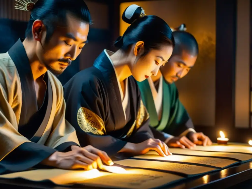 Detalle de un pergamino japonés antiguo de la sociedad secreta Genpei Ketsugi en un ritual misterioso, iluminado por velas