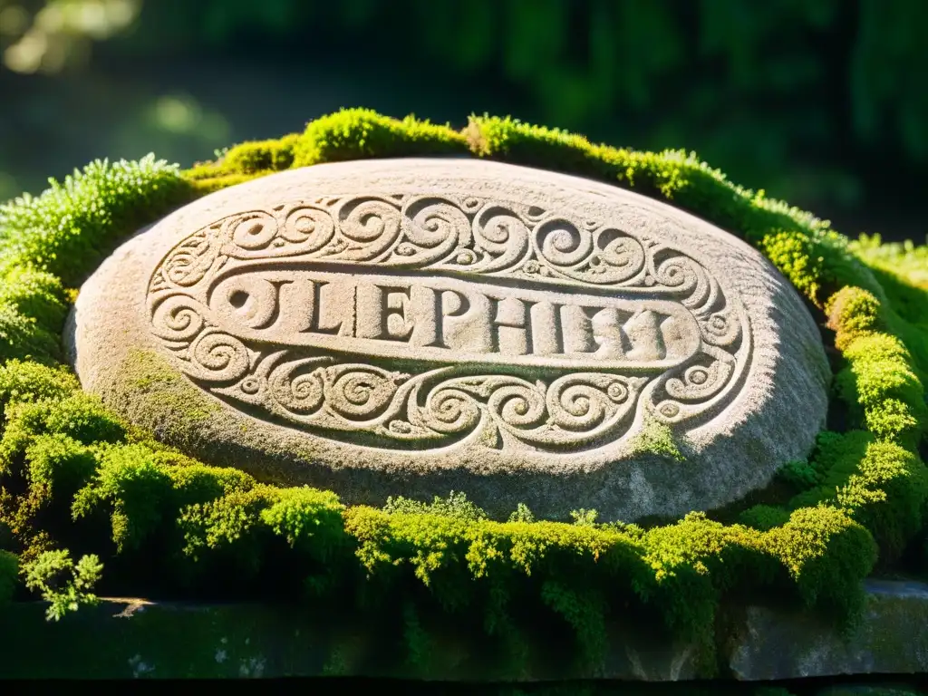 Detalle en piedra de los Siete Durmientes con inscripciones antiguas, misterio y aura de historia bajo el sol filtrado entre la vegetación