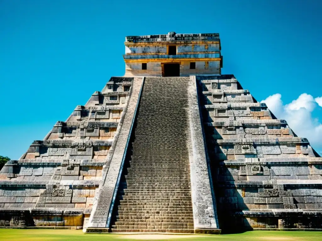 Detalle de relieves y esculturas en la Pirámide de Kukulkán en Chichén Itzá