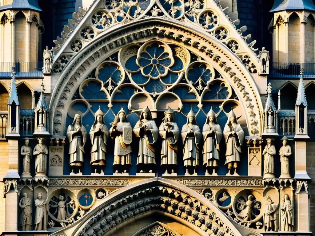 Detalle del simbolismo oculto en la fachada de la Catedral Notre Dame, iluminado por una suave luz natural