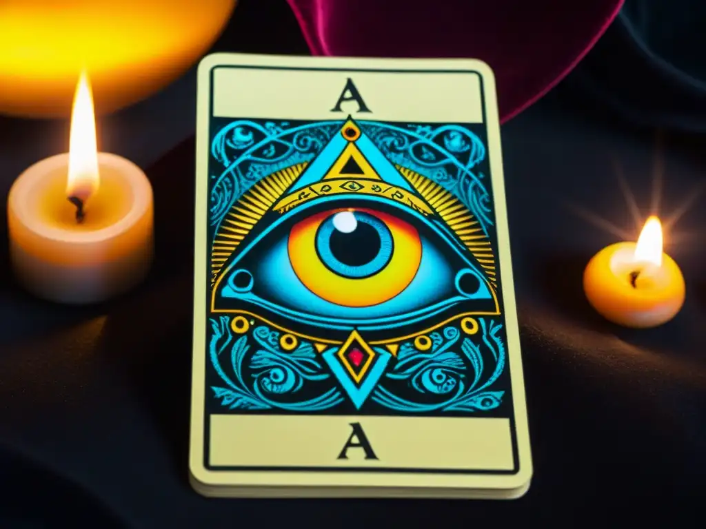 Detalle del Tarot Illuminati: símbolos antiguos, figuras místicas, colores vibrantes y un aura de misterio con la sociedad secreta