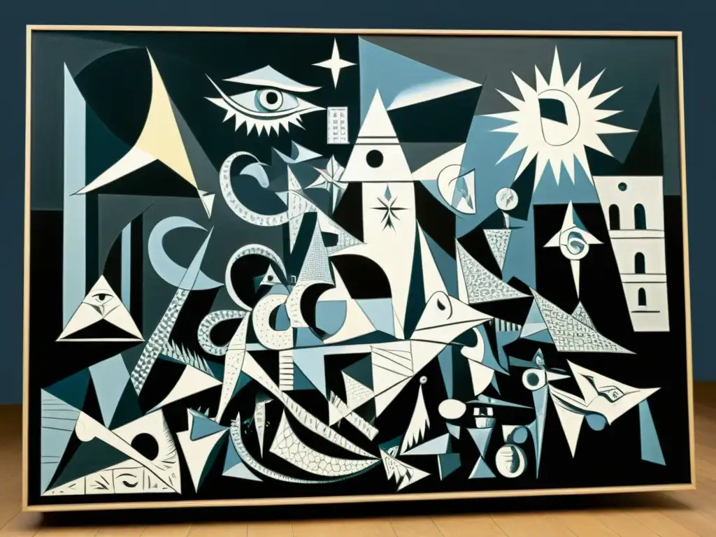 Detalle en 8k de 'Guernica' de Picasso, con símbolos masónicos e intensos tonos monocromáticos