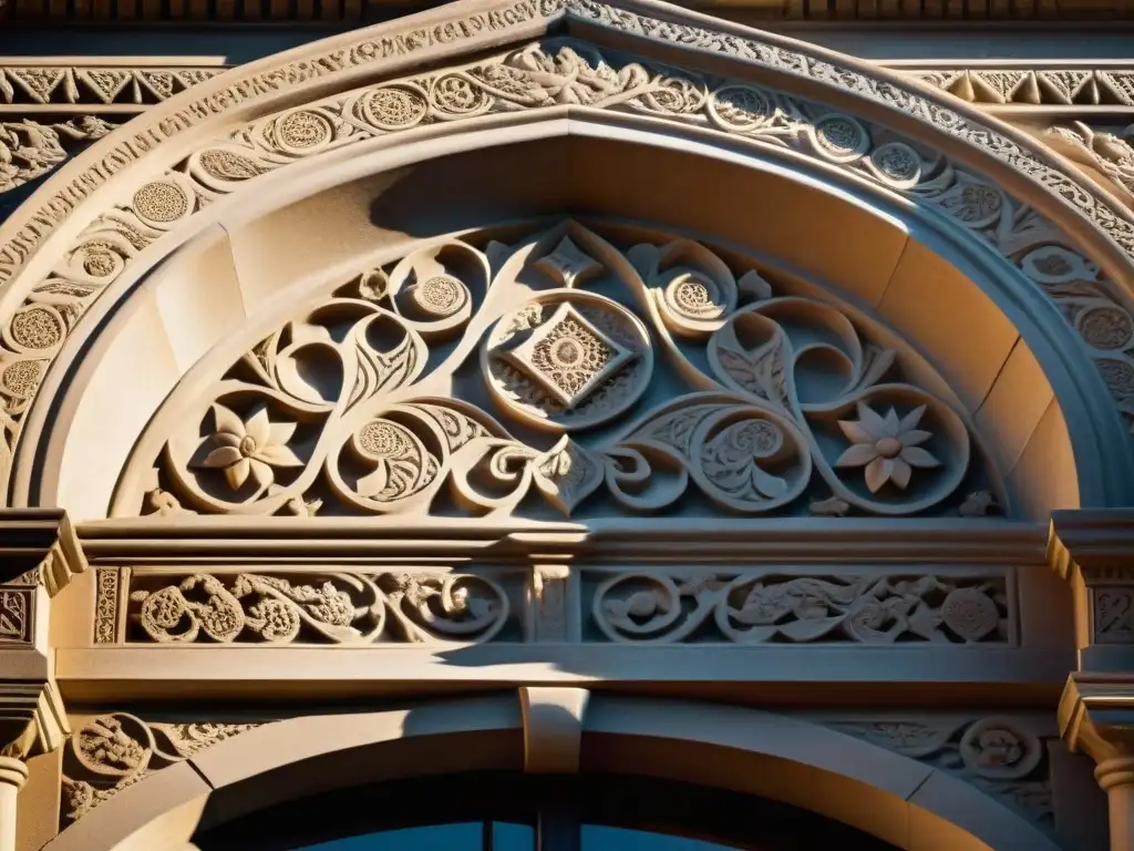 Detalle de símbolos ocultos en arquitectura: intrincadas tallas de piedra con patrones florales en fachada histórica