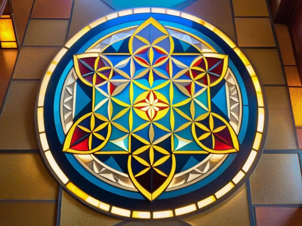 Detalle de un suelo de mosaico con geometría sagrada en una logia masónica histórica, iluminado por luz solar a través de vitrales