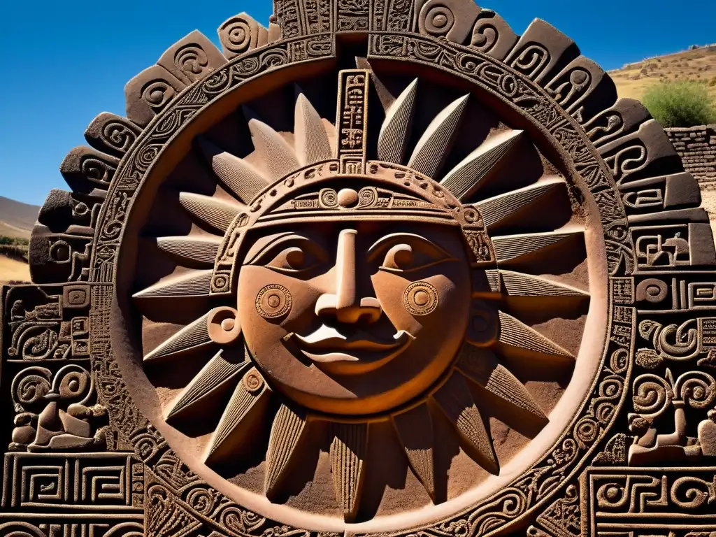 Detalle del tallado en la Puerta del Sol en Tiahuanaco, mostrando símbolos celestiales y geométricos, con sombras proyectadas por la luz del sol