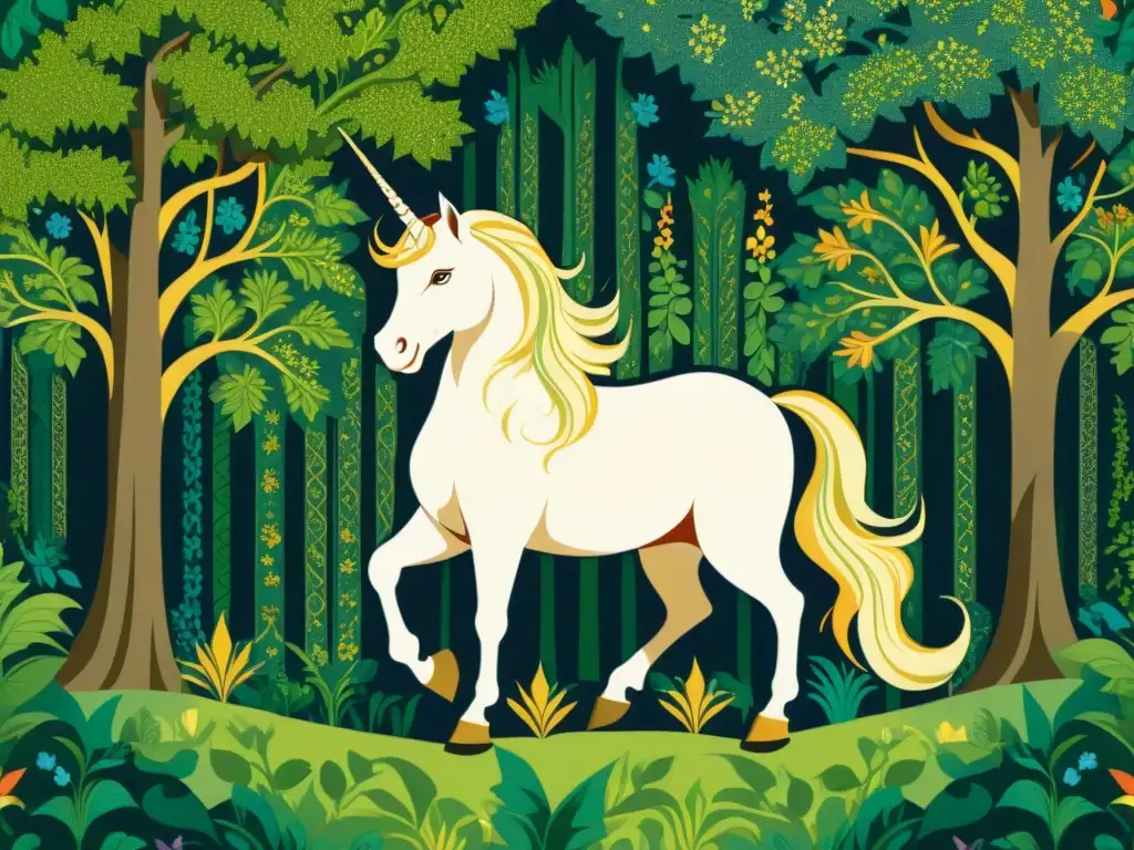 Detalle 8k de tapiz medieval con majestuoso unicornio en bosque exuberante