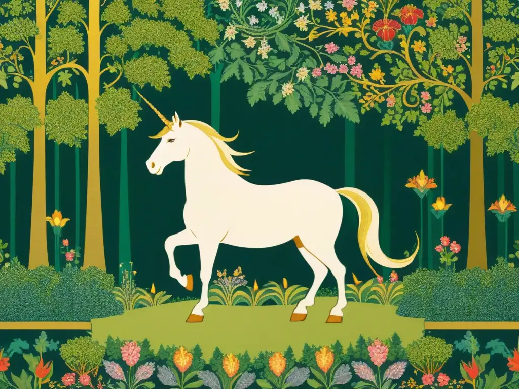 Detalle de un tapiz medieval que muestra un majestuoso unicornio rodeado de un bosque exuberante y seres míticos, admirado por la realeza medieval