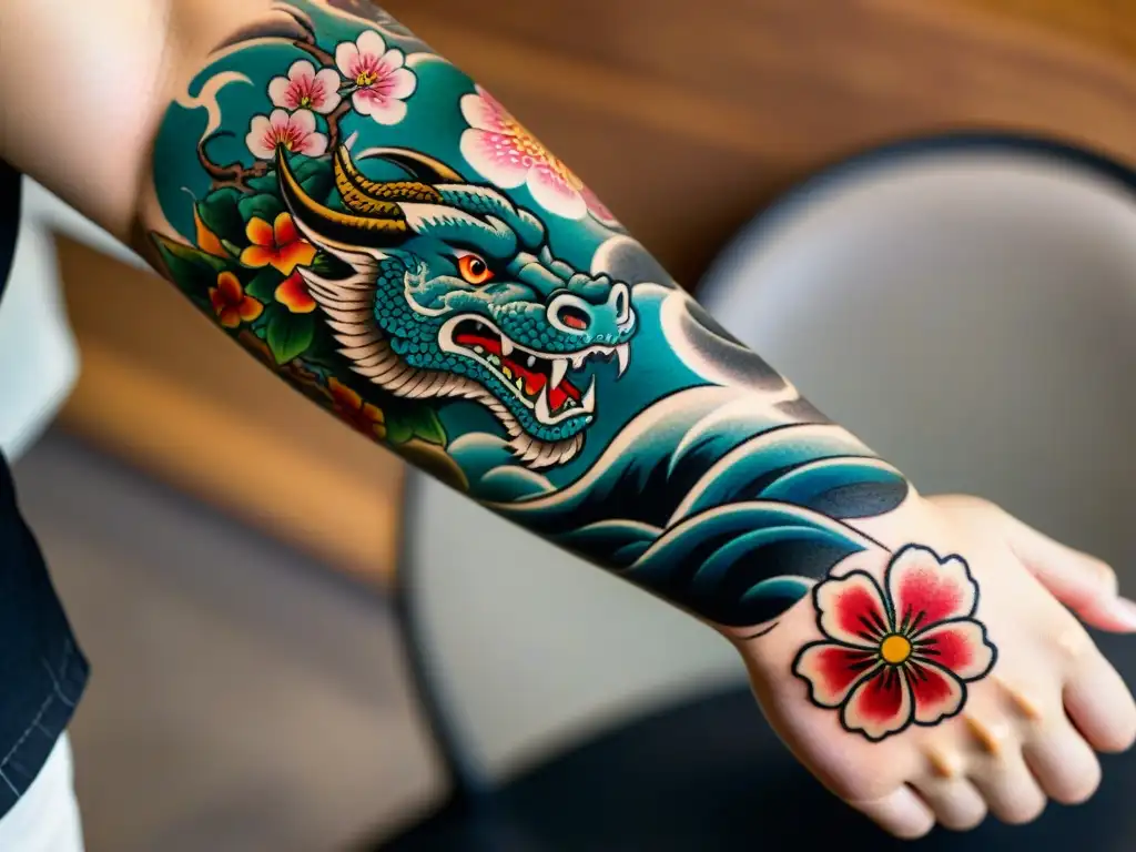 Detalle de tatuaje Yakuza con dragones, flores y olas, simbolizando el legado y significado de estos símbolos tatuajes Yakuza