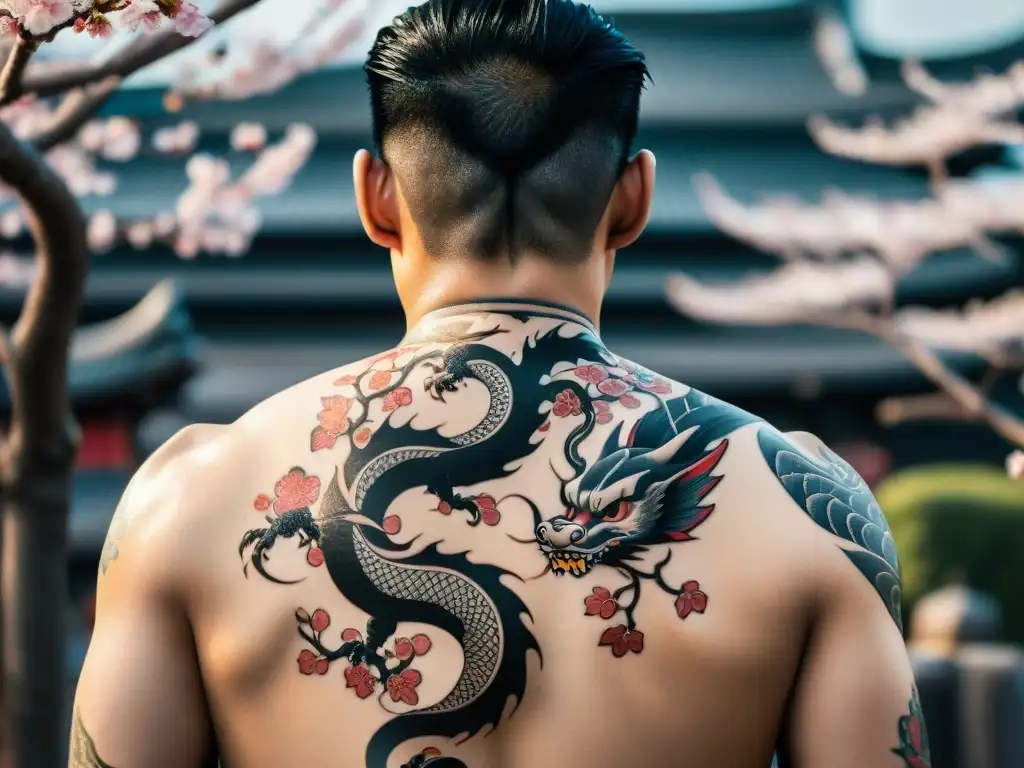 Detalle 8k de tatuajes Yakuza: dragón poderoso rodea cerezo en oleaje