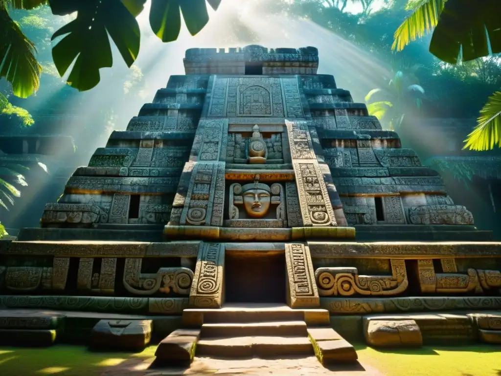 Detalle de templo solar Maya: Intrincadas esculturas y glifos revelan secretos arquitectónicos, entre luces y sombras de la selva