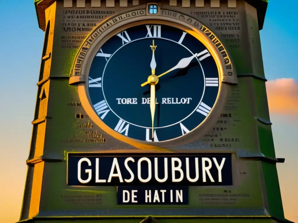 Detalle de la Torre del Reloj de Glastonbury con inscripciones en latín y símbolos enigmáticos, iluminada por la luz del atardecer