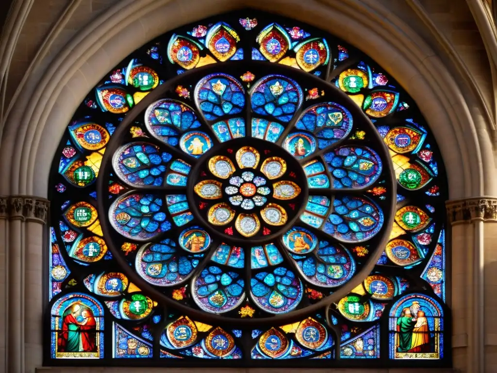 Detalle del rosetón del Transepto Sur de la Catedral de Notre Dame, simbolismo oculto y colores vibrantes