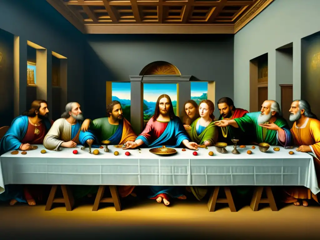 Detalle en 8K de 'La Última Cena' de Leonardo da Vinci, revelando la influencia de los Illuminati en la historia