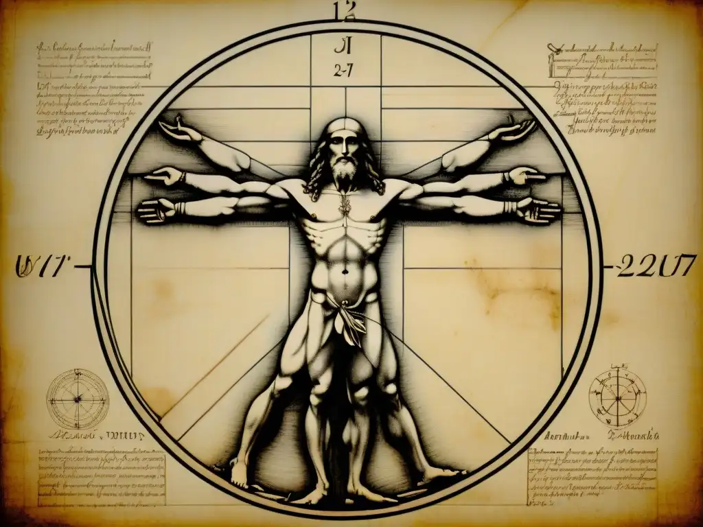 Detalle ultradetallado del Hombre de Vitruvio de Leonardo da Vinci, revelando su maestría artística y precisión matemática