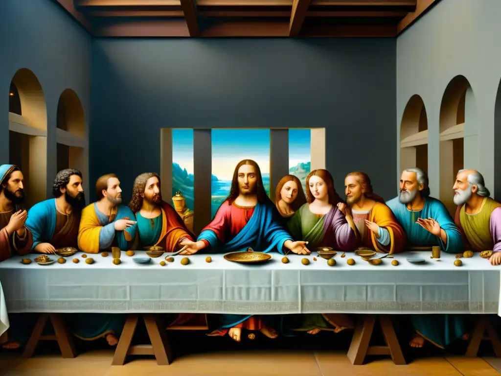 Detalle ultradetallado en 8k de 'La Última Cena' de Leonardo da Vinci, destacando sus figuras y expresiones
