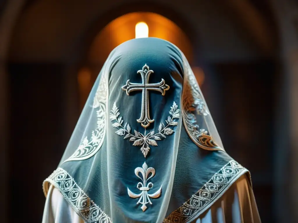 Detalle de un velo antiguo misterioso con símbolos religiosos en sala iluminada con emblemas de sociedades secretas en la historia