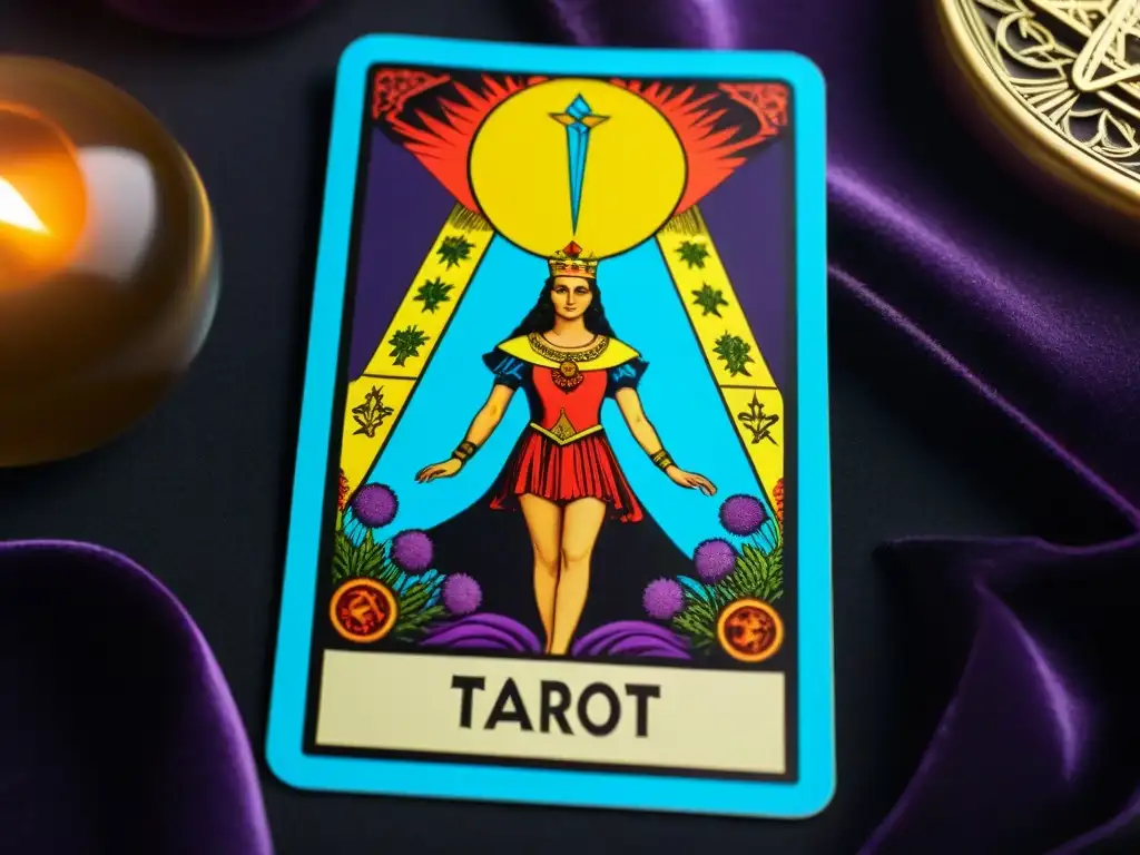 Detalle vibrante de una carta del Tarot Illuminati en un misterioso fondo de terciopelo, capturando la esencia enigmática de la sociedad secreta