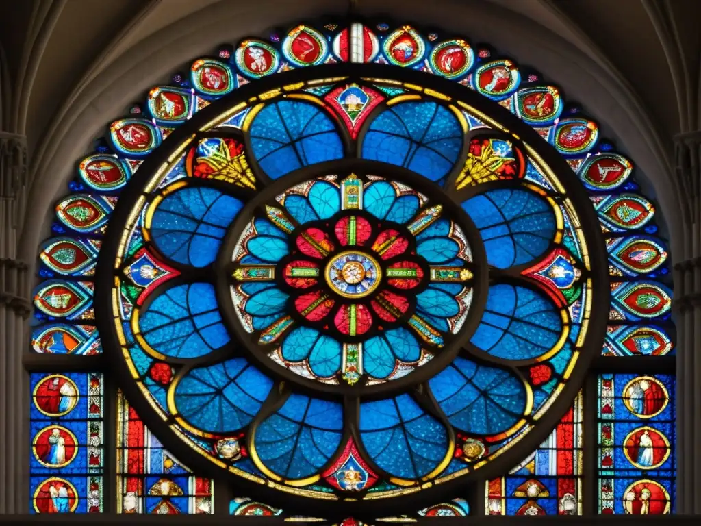 Detalle vibrante del rosetón de la Catedral de Chartres, con misterios esotéricos y geometría sagrada