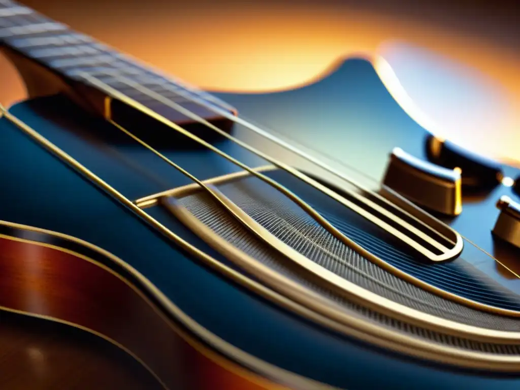 Detalle vibrante de una cuerda de guitarra, reflejando el poder oculto de la música en sus frecuencias