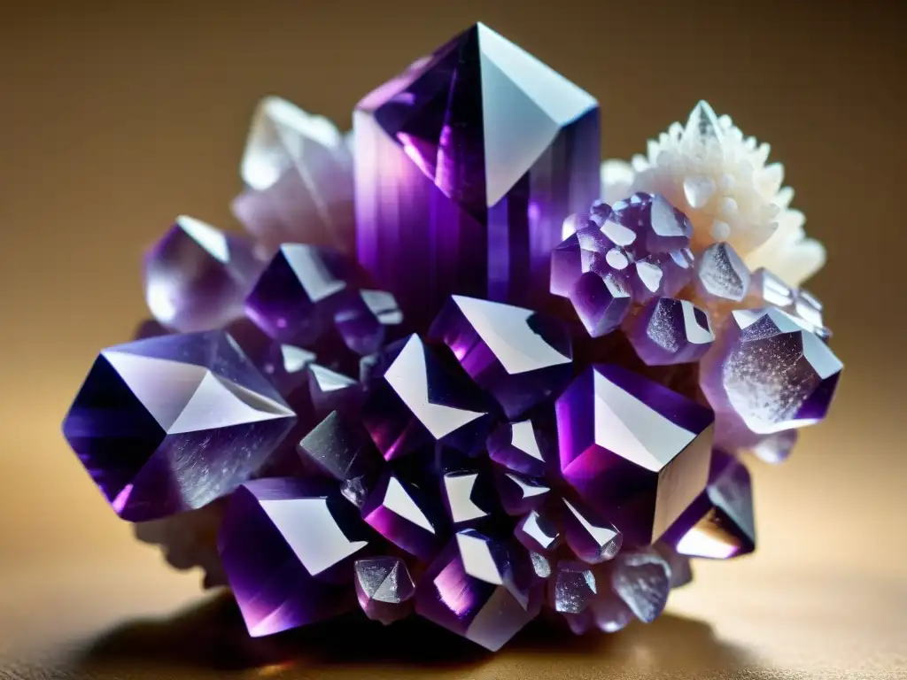 Cluster de amatista vibrante: detalle cristalino y energético Detalle vibrante de un cúmulo de amatista, mostrando su estructura cristalina morada y blanca bajo suave iluminación natural
