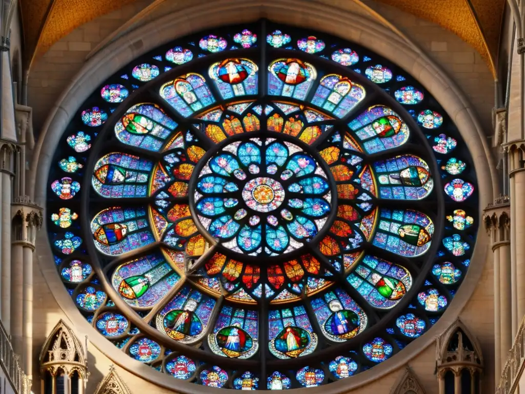 Detalle vibrante del rosetón en la Catedral Notre Dame, simbolismo oculto en vidrieras y muros de piedra