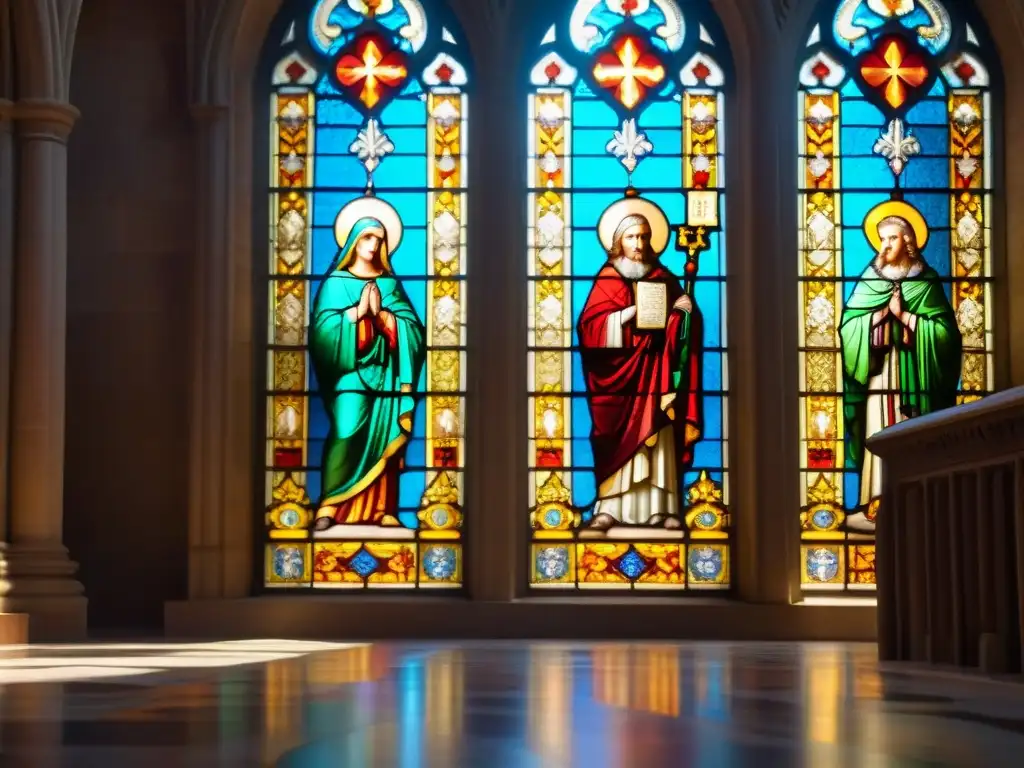 Detalle de vitrales en catedral histórica: colores vibrantes, símbolos trascendencia arquitectura sagrada