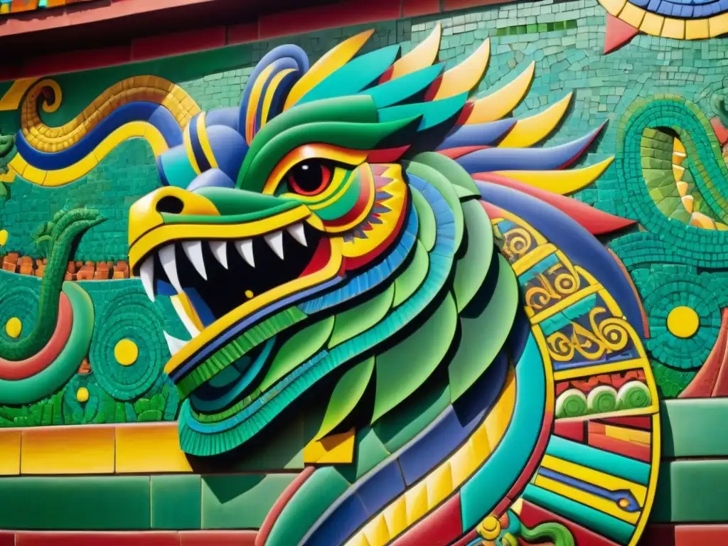 Escultura de Quetzalcoatl en templo mesoamericano Detalle vívido de mosaico de Quetzalcóatl en templo mesoamericano: símbolos mesoamericanos arte contemporáneo