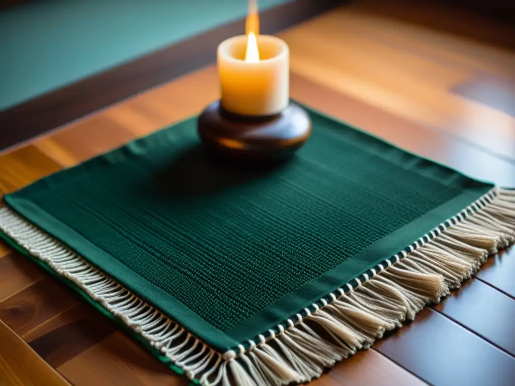 Detalles de alfombras de meditación divinas en tonos terrosos sobre suelo de madera iluminado suavemente, con humo de incienso en el aire