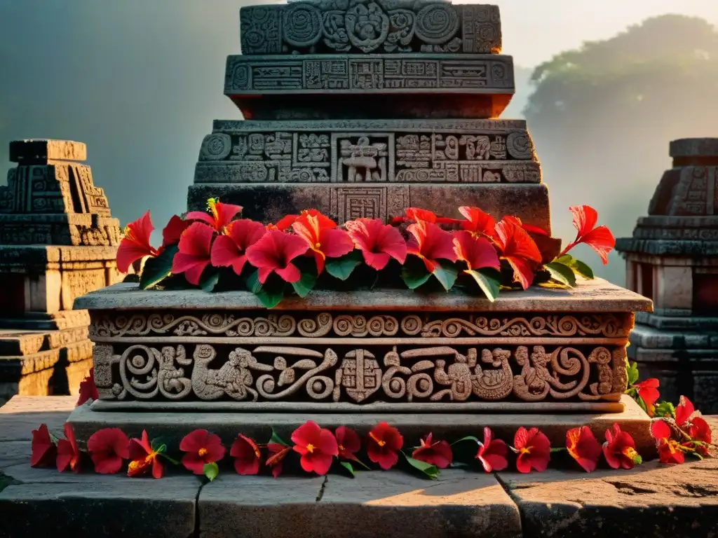 Detalles de un altar maya con rituales de sacrificio y flores rojas, entre ruinas antiguas y neblina