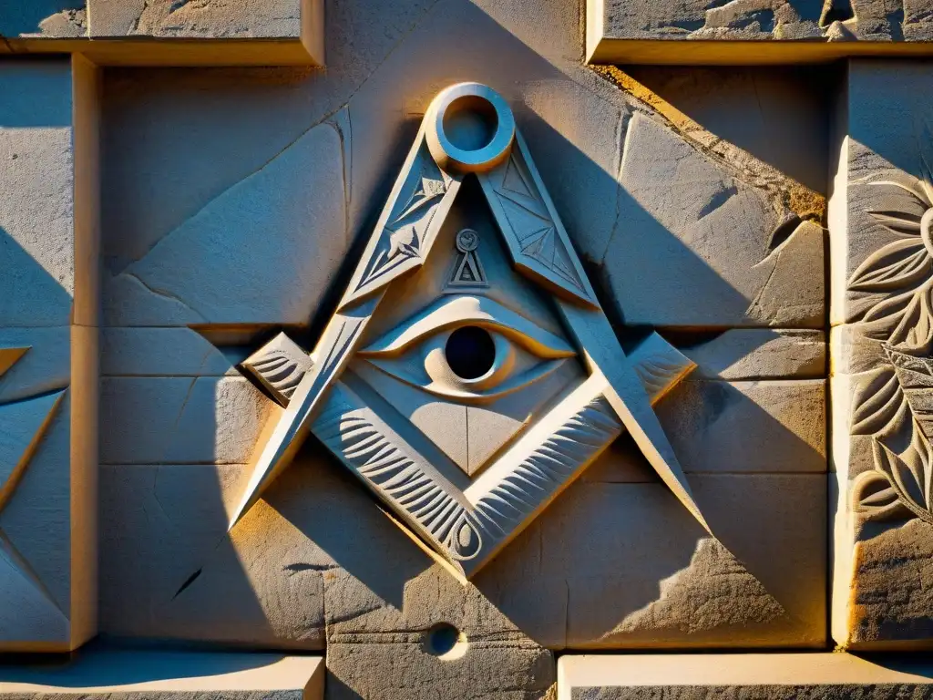 Detalles ancestrales de símbolos masónicos en piedra