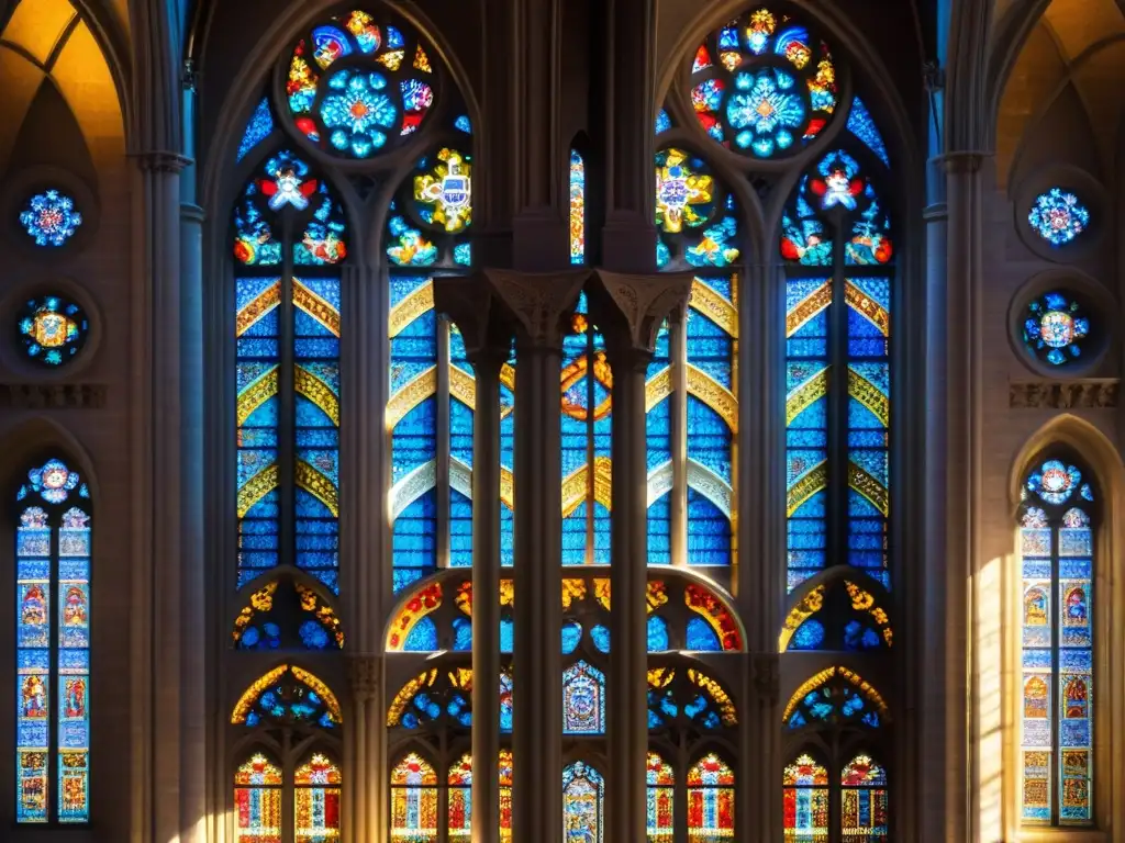 Detalles arquitectónicos de una catedral con símbolos ocultos, juego de luz y sombra en columnas de piedra