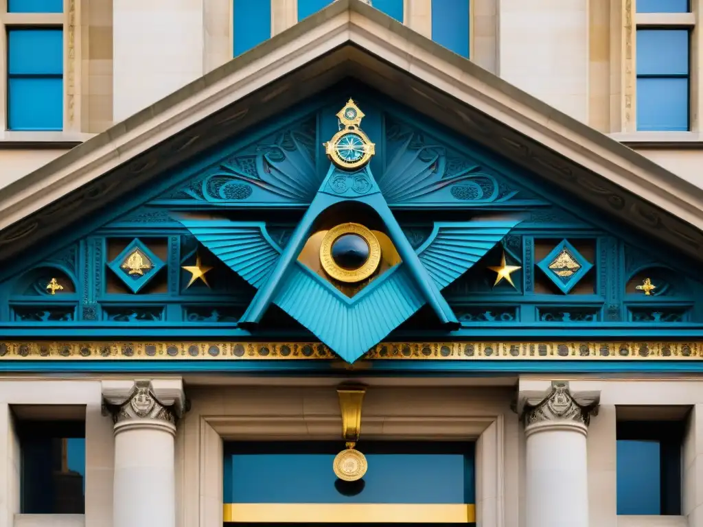 Detalles arquitectónicos simbólicos de la fachada de la Freemasons' Hall en Londres, mostrando los enigmas de las sociedades secretas