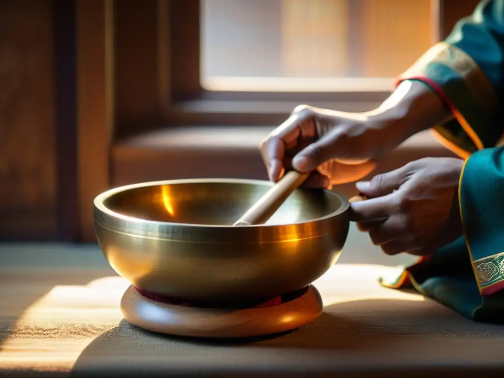 Detalles de un cuenco tibetano siendo tocado, iluminado por luz dorada