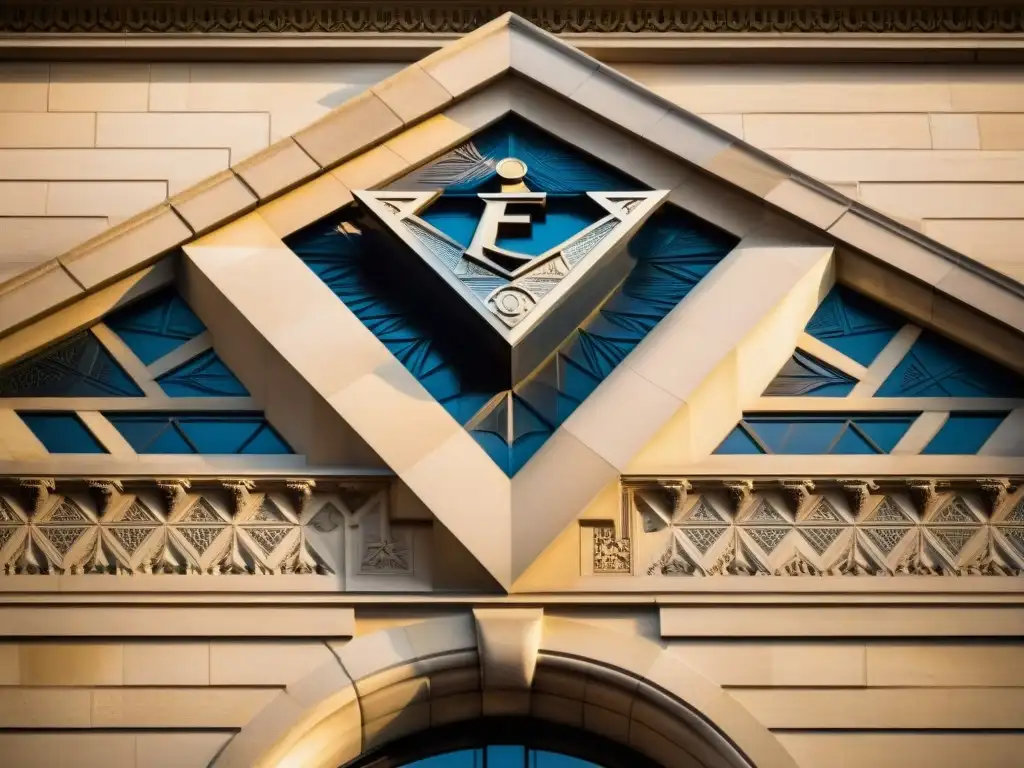 Detalles geométricos místicos en la fachada de la icónica Freemasons' Hall en Londres, resaltando la geometría sagrada en arquitectura mística