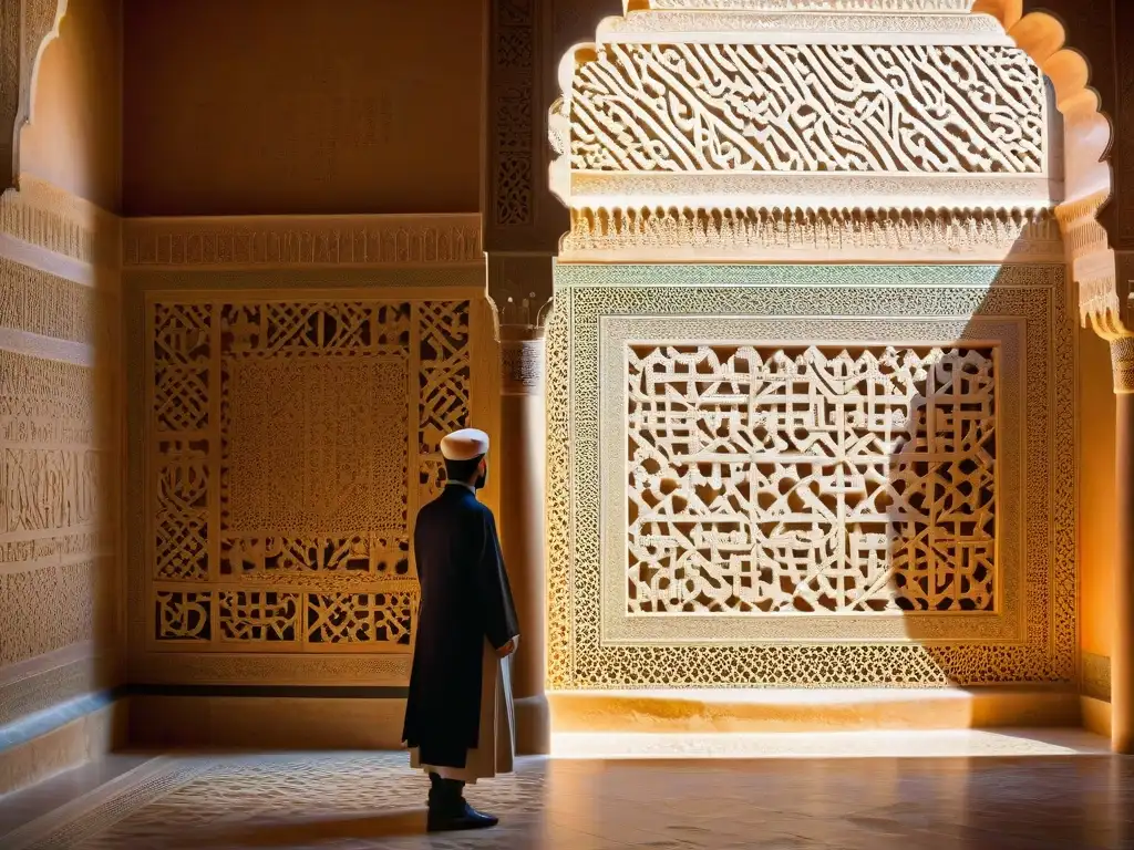 Detalles de las intrincadas geometrías y caligrafías árabes en la Alhambra, mensajes cifrados en su arquitectura