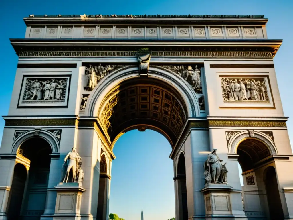 Detalles intrincados del Arco de Triunfo en París bajo la luz del sol, resaltando su grandiosidad y significado histórico